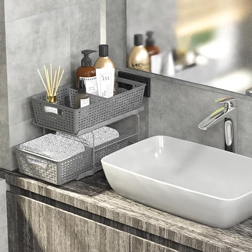 2 Tier Bathroom Organizer Tray Pull-Out Sliding Drawer Under-Sink Storage, Brown N347