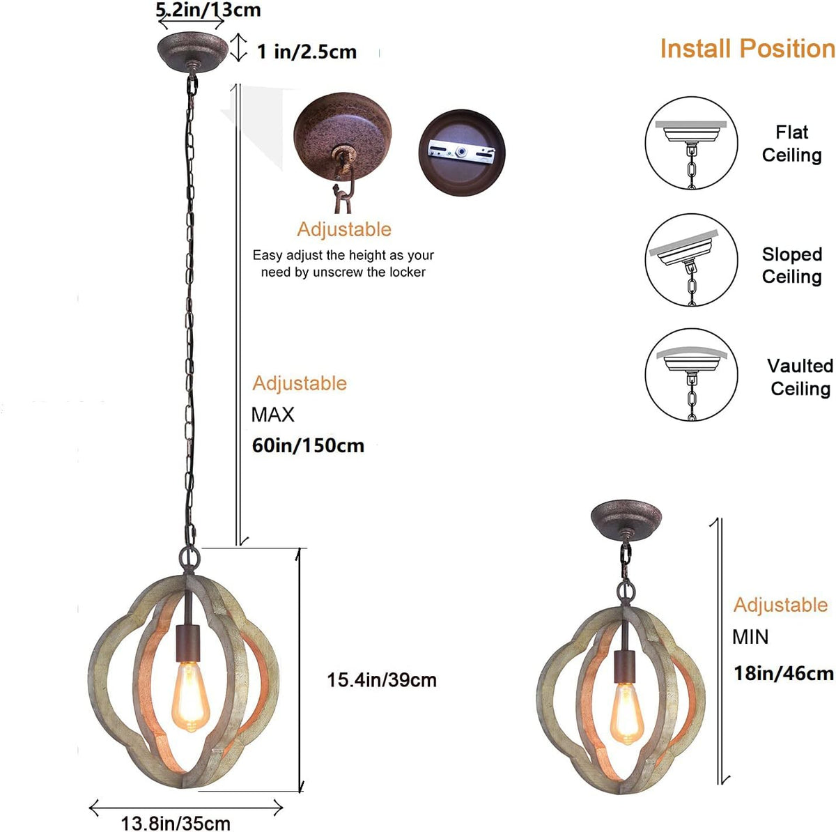 Retro Iron Wooden Chandelier 4 Candle Holder Light W15.7XH18.9 Inch Y43717
