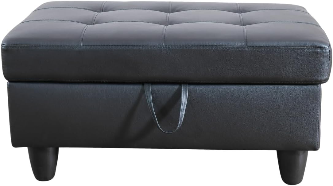 Black Faux Leather 3 Piece L Shape Sectional Sofa Set with Storage Ottoman F696