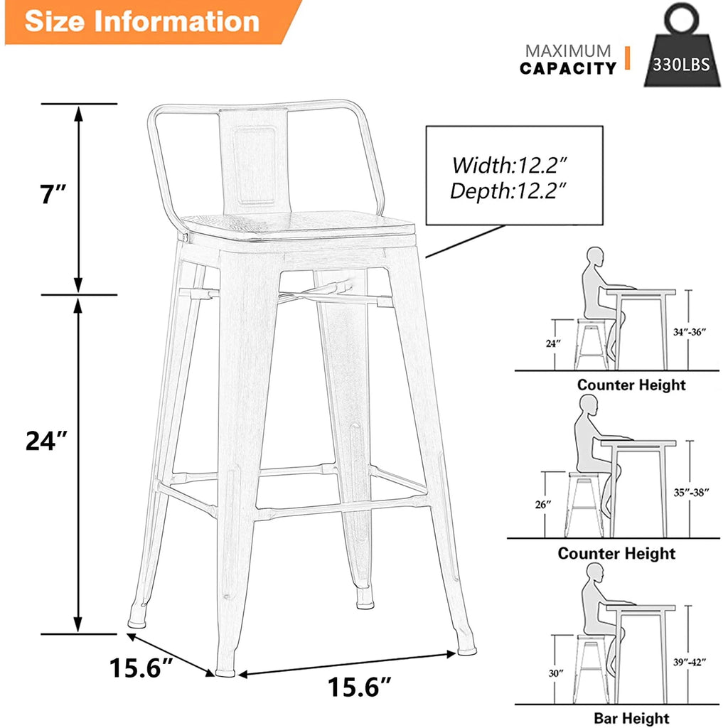 Metal Bar Stools Set of 4 24" Silver Wood Top Low Back X7795