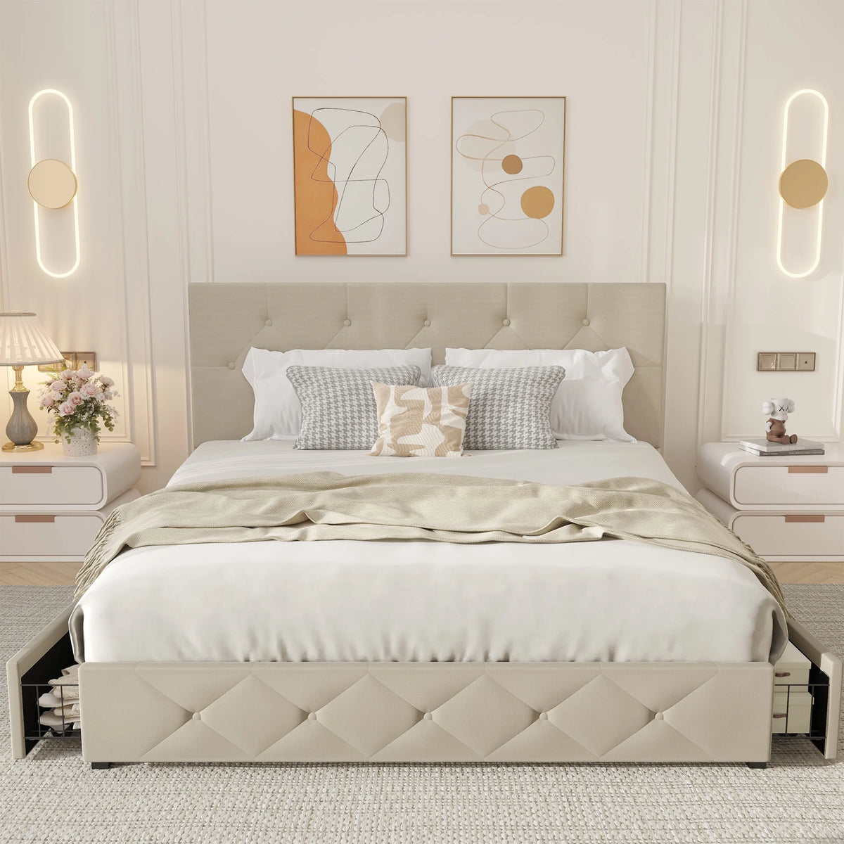 Queen Size Upholstered Storage Bed Frame with 4 Drawers O33101