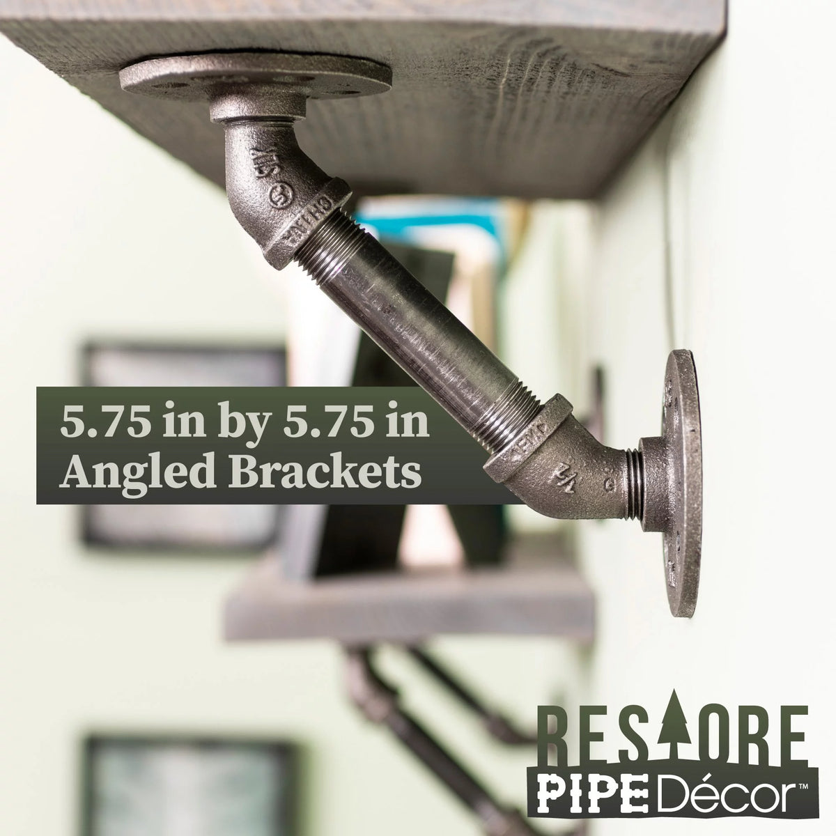 Grey Wood Wall Shelving with Steel Pipe Brackets V564103
