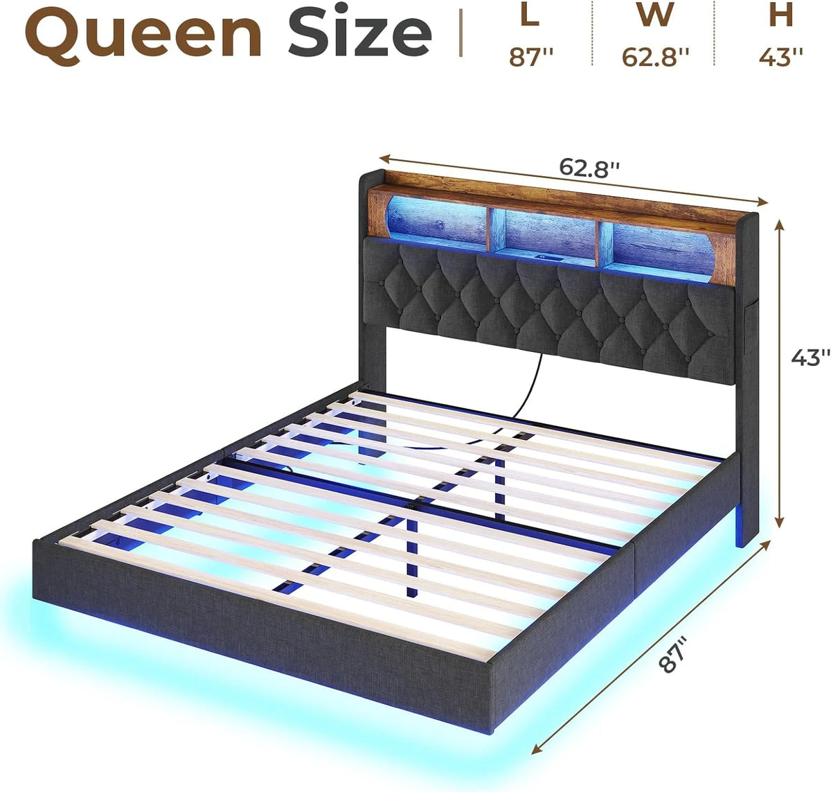 Queen Size Upholstered Platform Bed Frame with Bookcase Headboard T906