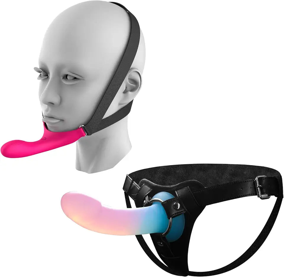 Set of 2 Adjustable Leather Strap-On Harness with 7.1" Silicone Dildo E43326