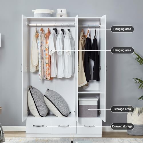 White 3-Door Wood Armoire Wardrobe with 3 Drawers T73464