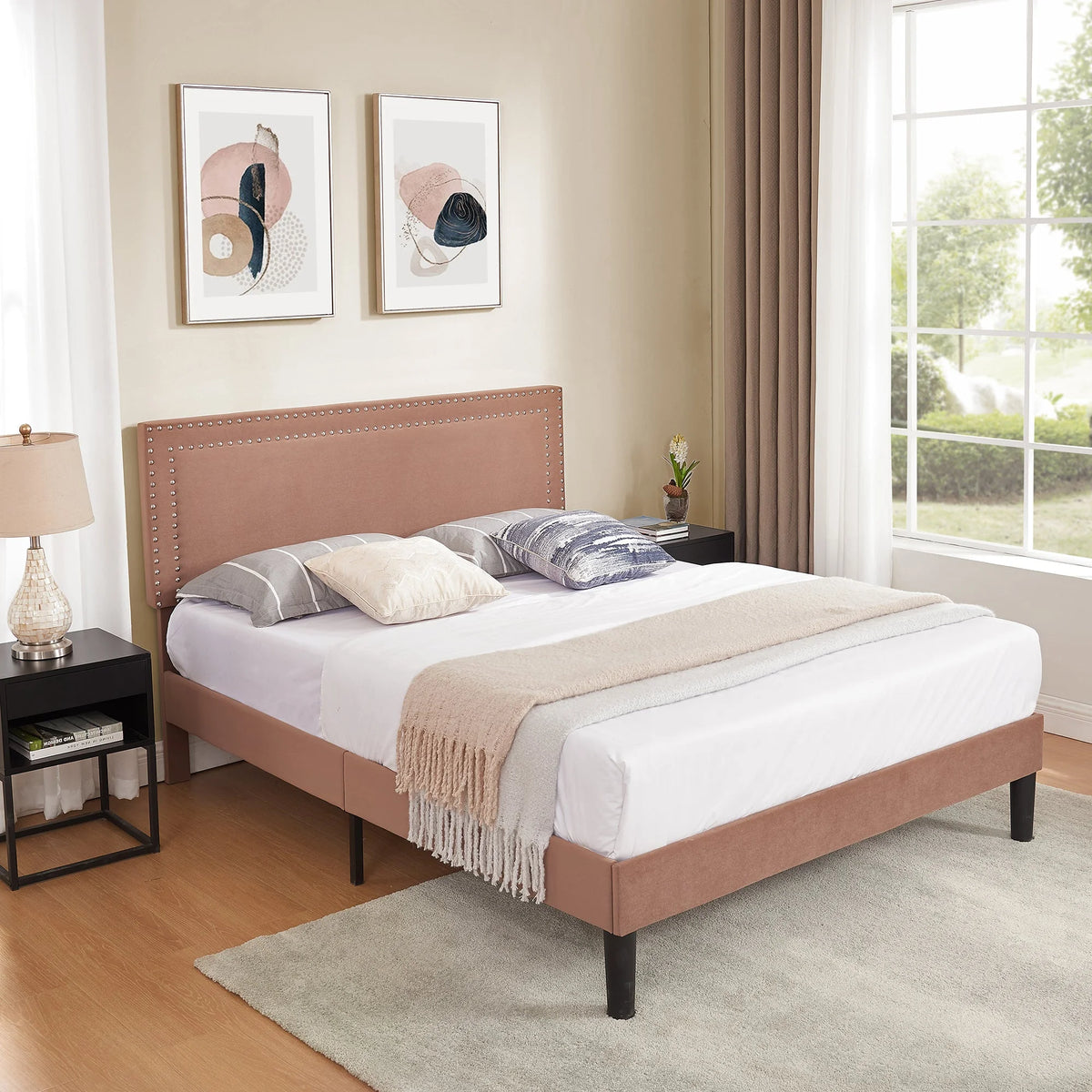 Queen Size Platform Bed Frame with Adjustable Upholstered Headboard E208
