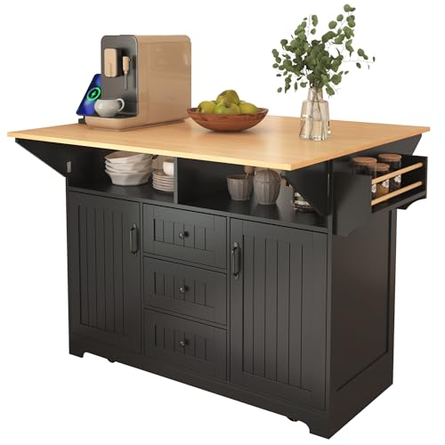 Large Kitchen Island Cart with 2 Drop Leaf, Mobile Dining Table with Storage Cabinet, Rolling Kitchen Cart with Power Outlets, 3 Drawers, Spice & Towel Rack Q84091