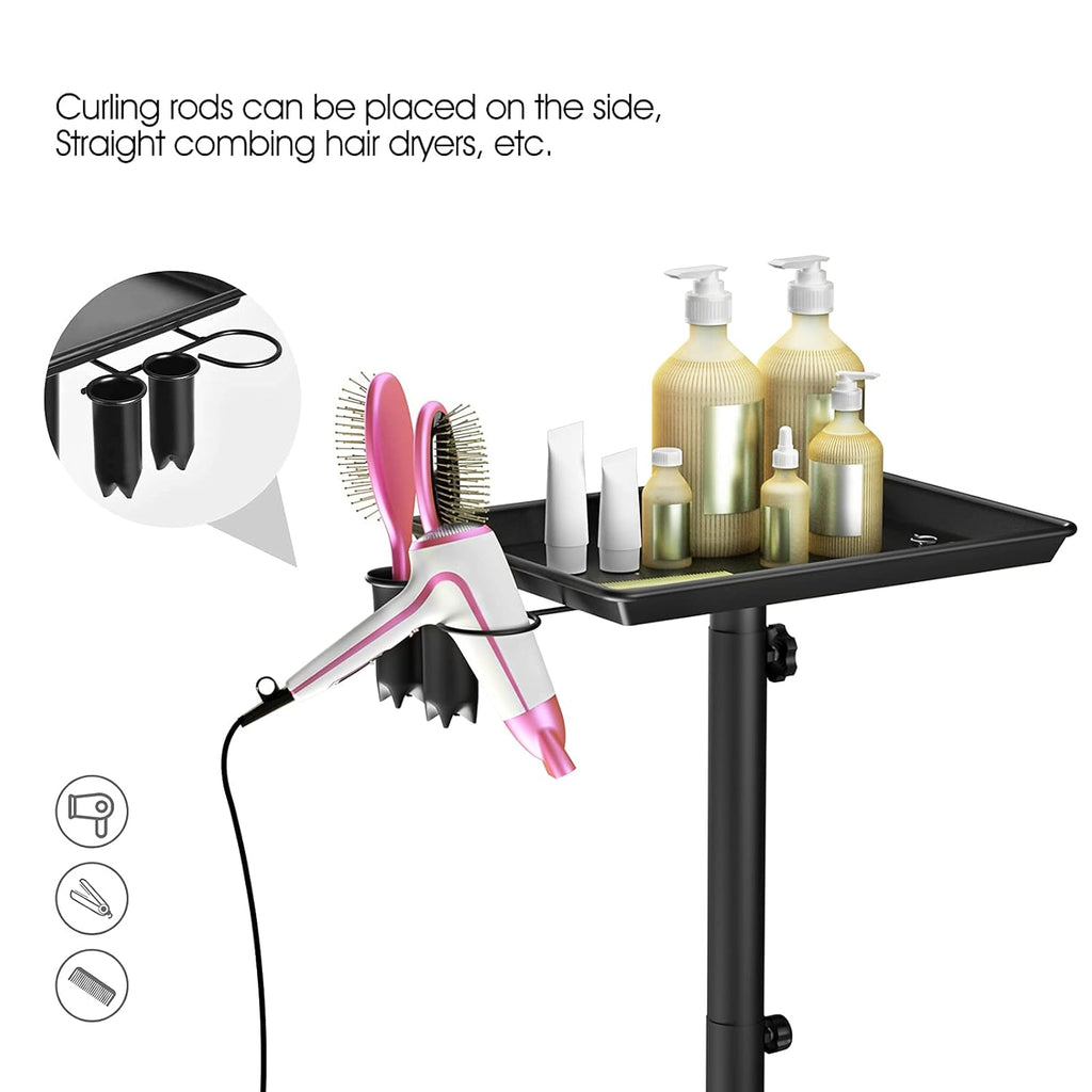 Rolling Salon Tray with 2 Cups and Metal Loop, Adjustable Height, Black A588
