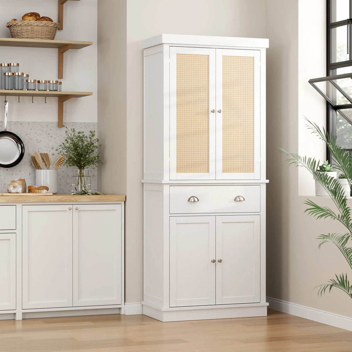 White 72.4'' Tall Wood Kitchen Pantry with 4 Doors K12790