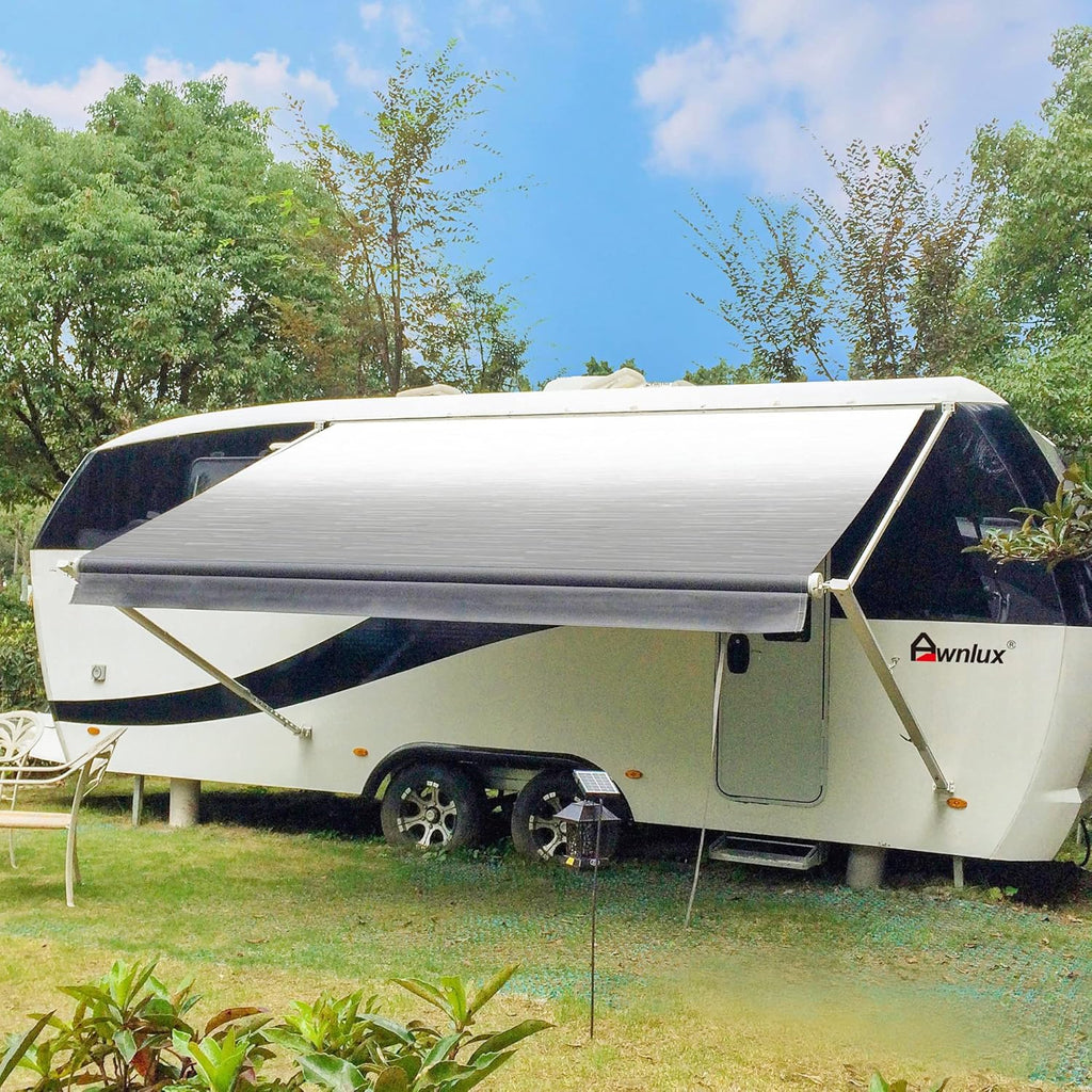 White Manual Modular Retractable RV Awning Full Set Assemblies 15x8 Ft Ocean Blue H7096