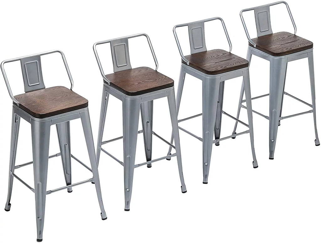 Metal Bar Stools Set of 4 24" Silver Wood Top Low Back X7795