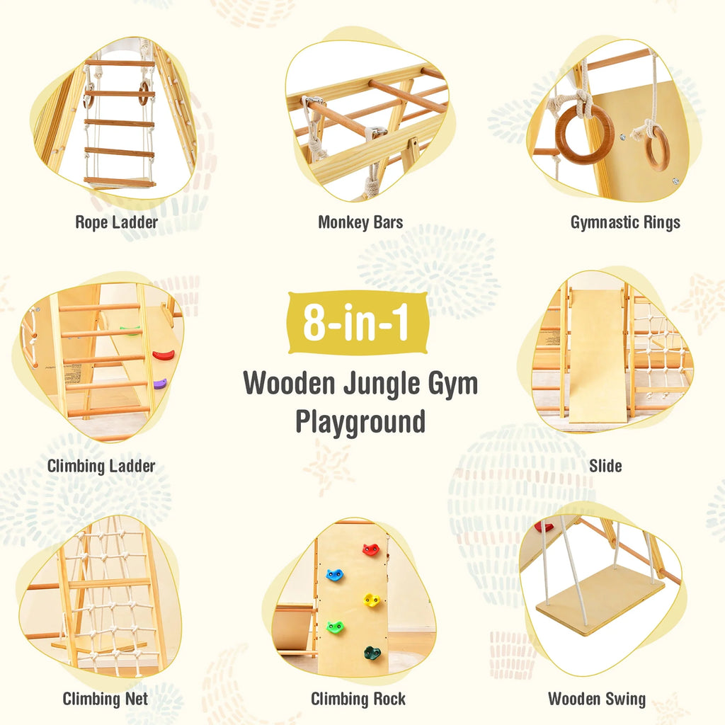 Wooden 8-in-1 Jungle Gym Playset with Monkey Bars G228297