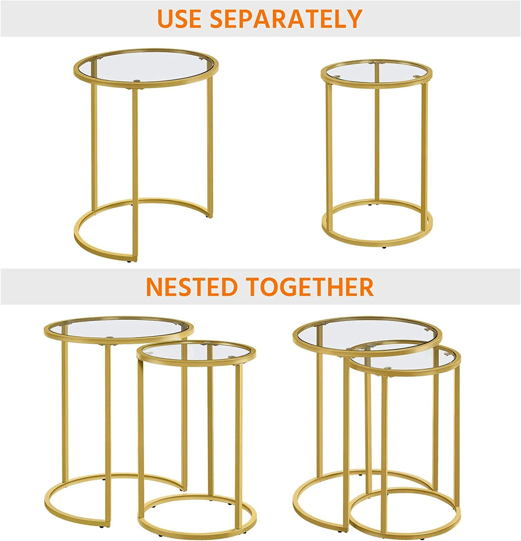Set of 2 Round Nesting Side Table Metal Frame Tempered Glass V521