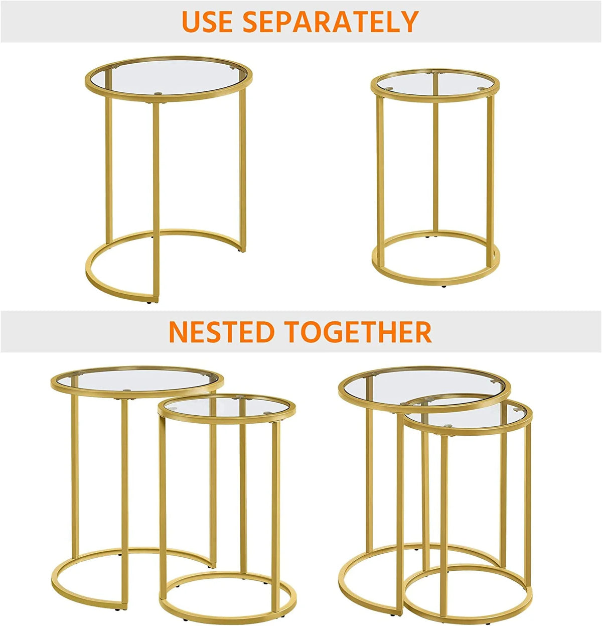 Set of 2 Round Nesting Side Table Metal Frame Tempered Glass V521