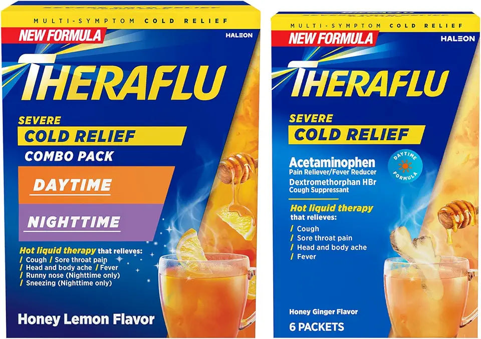Severe Cold Relief Hot Liquid Powder Daytime Nighttime Honey Lemon Honey Ginger F184636