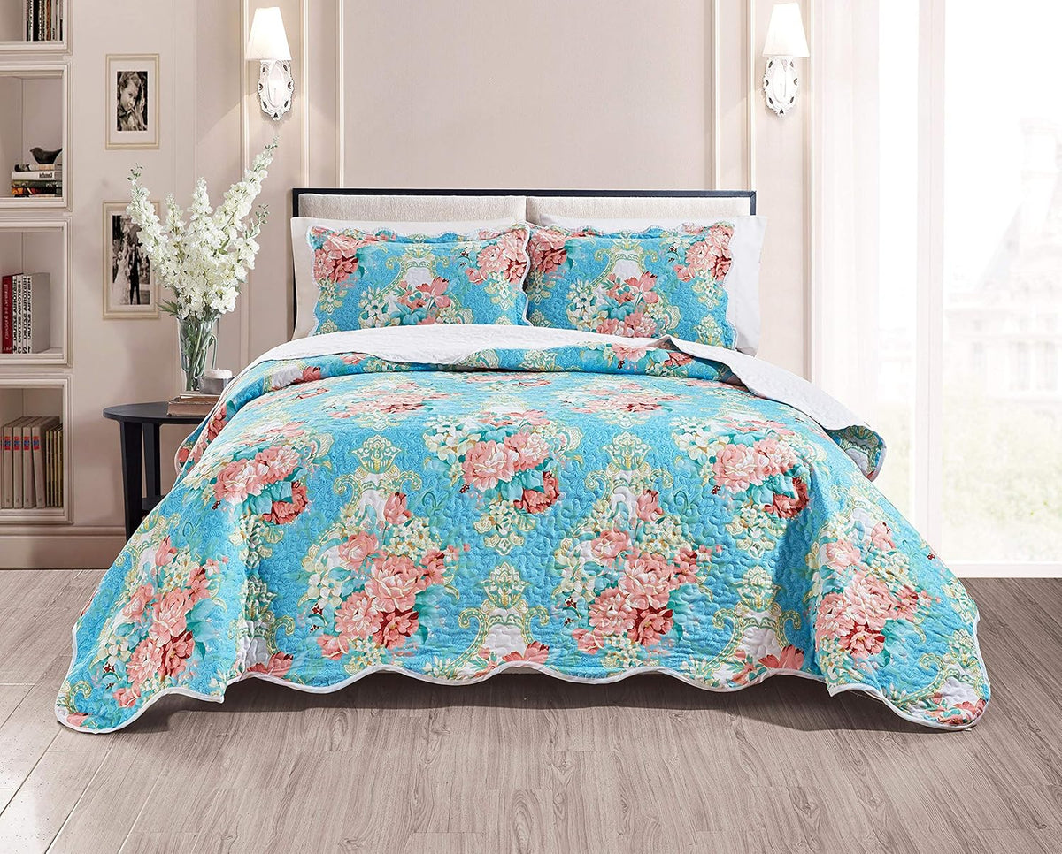 3-Piece Oversize Tropical Seashell Queen Bedspread Coverlet Set Aqua Blue Sand White I3174
