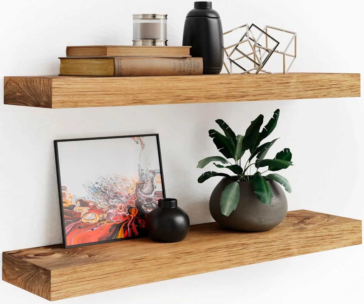Set of 2 Light Walnut Wooden Floating Wall Shelves Z365