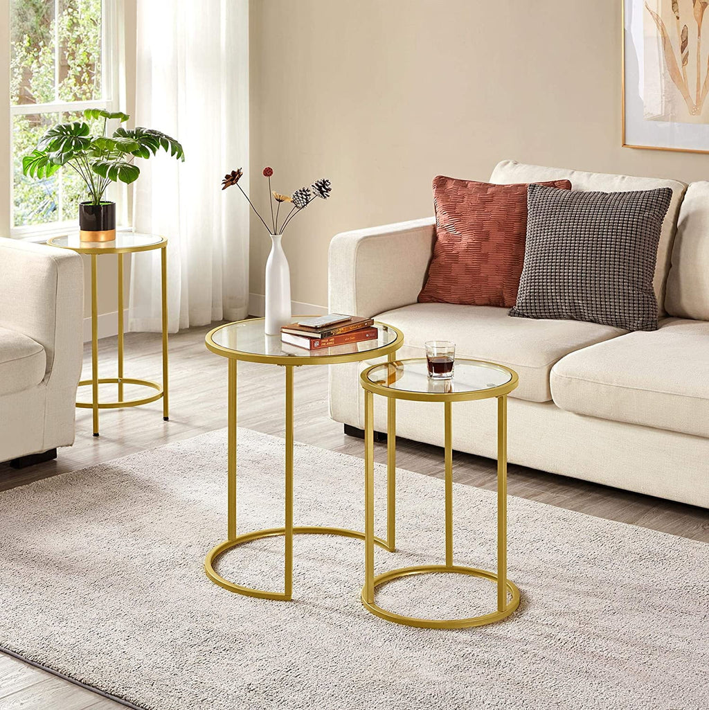 Set of 2 Round Nesting Side Table Metal Frame Tempered Glass V521