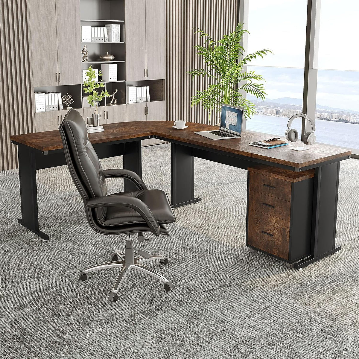 83" L-Shaped Executive Desk with 3-Drawer File Cabinet O8244