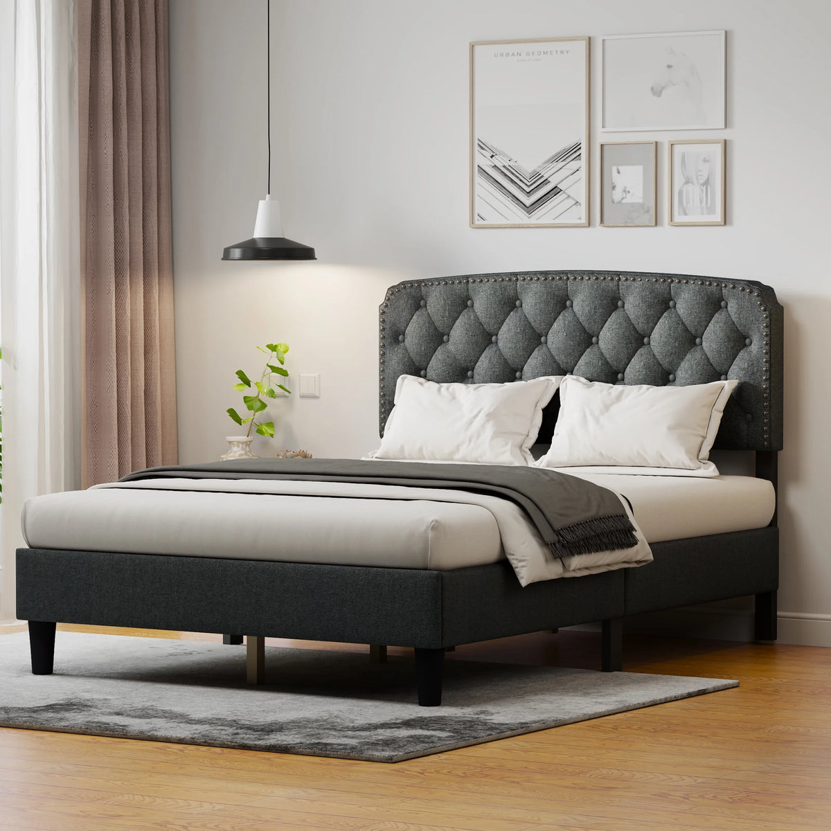 Dark Gray Full Size Adjustable Headboard with Linen Upholstery G9084