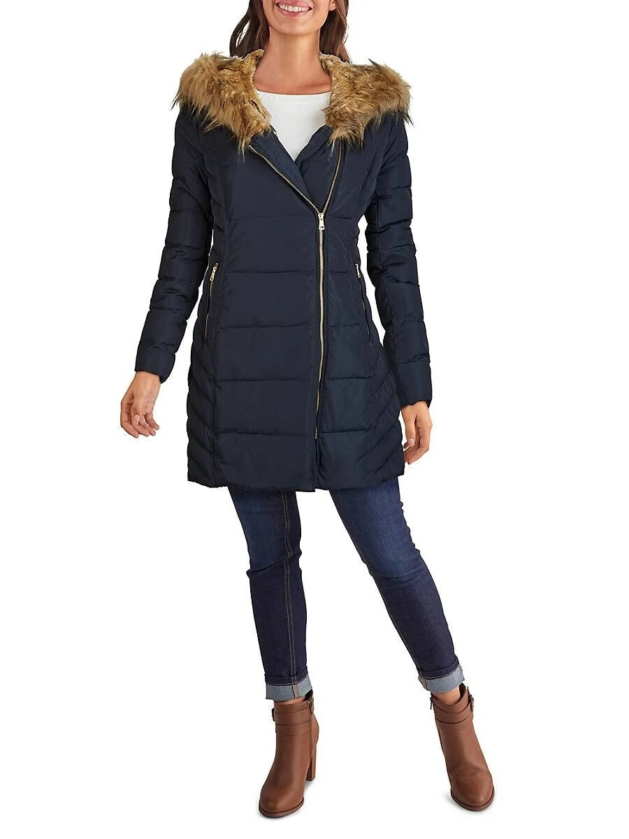 Navy Hooded Asymmetrical Down Puffer Coat N8653