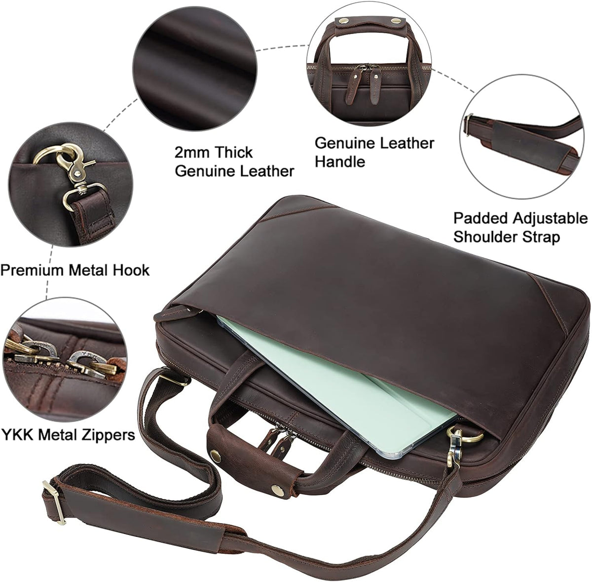 Brown Vintage Leather Slim Briefcase for 15.6 Inch Laptop V405001