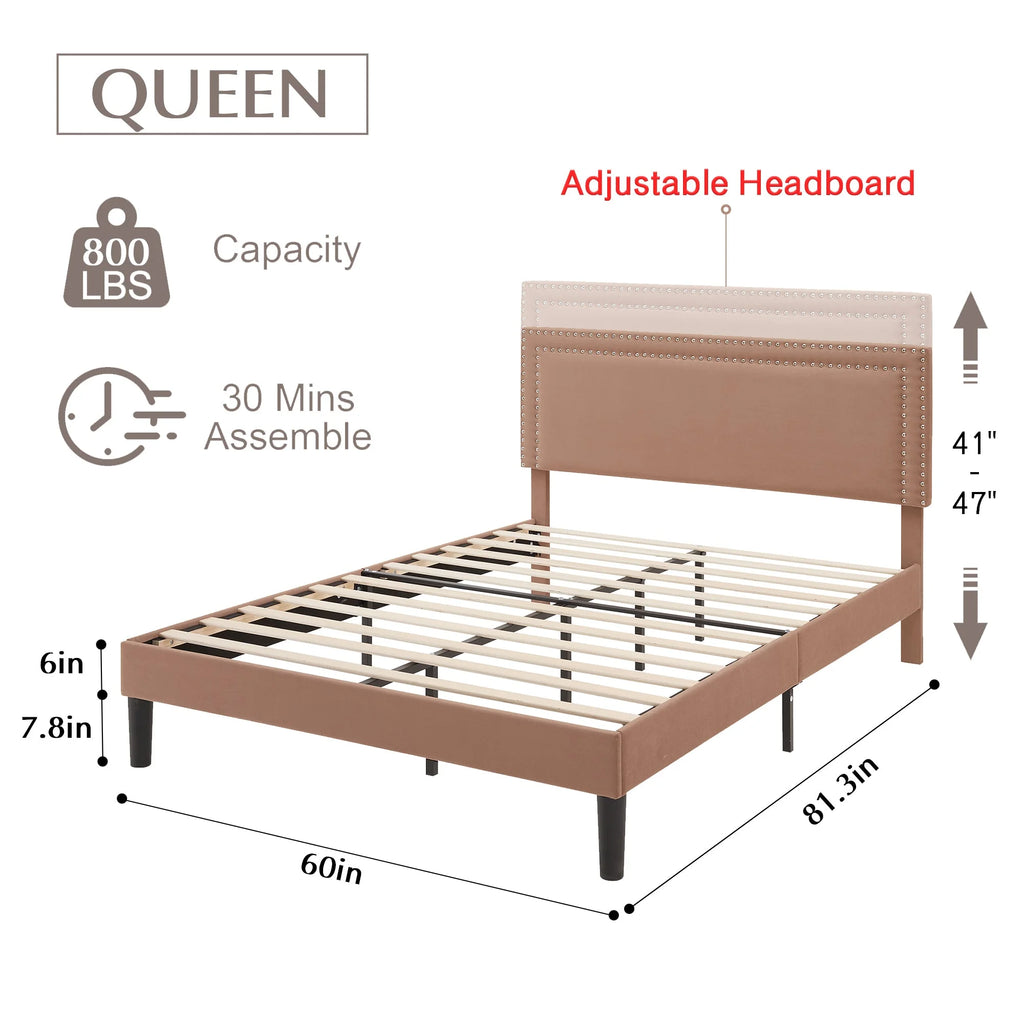 Queen Size Platform Bed Frame with Adjustable Upholstered Headboard E208