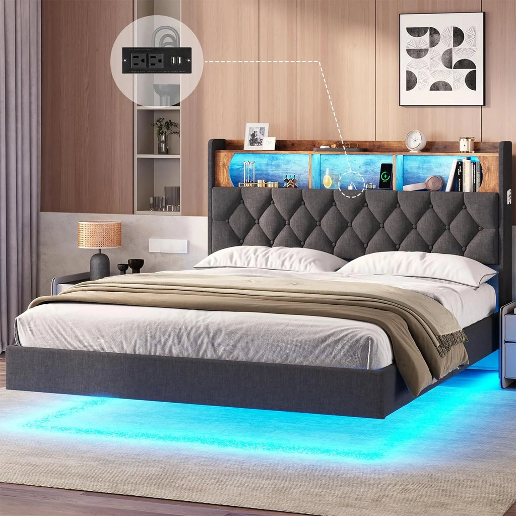 Queen Size Upholstered Platform Bed Frame with Bookcase Headboard T906