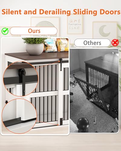 84.5" Double Medium Dog Crate Furniture with Drawer and Cabinet, Barn Sliding Doors, Rotatable Dog Bowls Feeder X985381