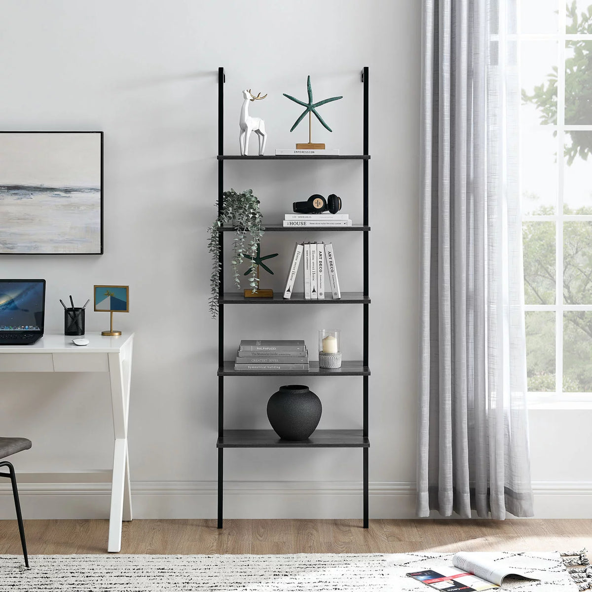 5 Tier Black Wall Mount Bookshelf Z24443
