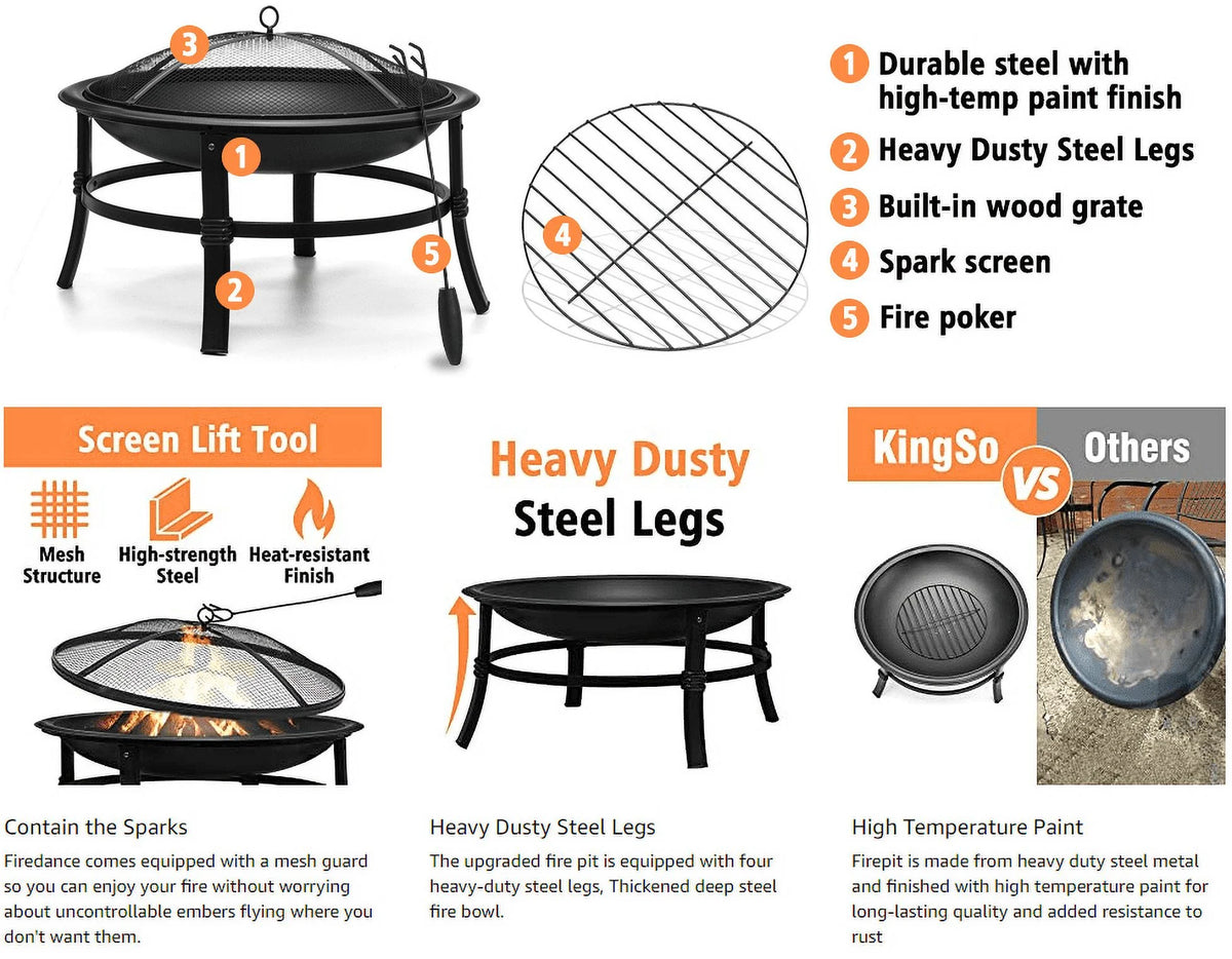 22 inch Wood Burning Steel Fire Pit with Spark Screen E587