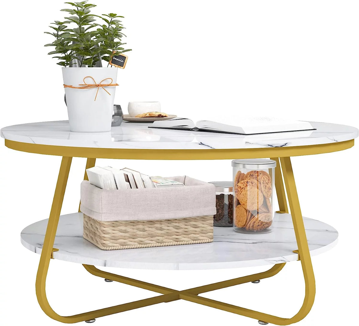 Round Storage Coffee Table 35.8 Inch Industrial Wood with Metal Frame B243323