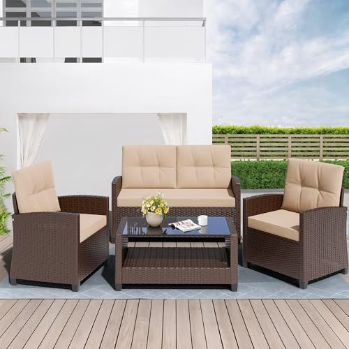 4 Piece Brown and Khaki Rattan Patio Furniture Set with Coffee Table D39734
