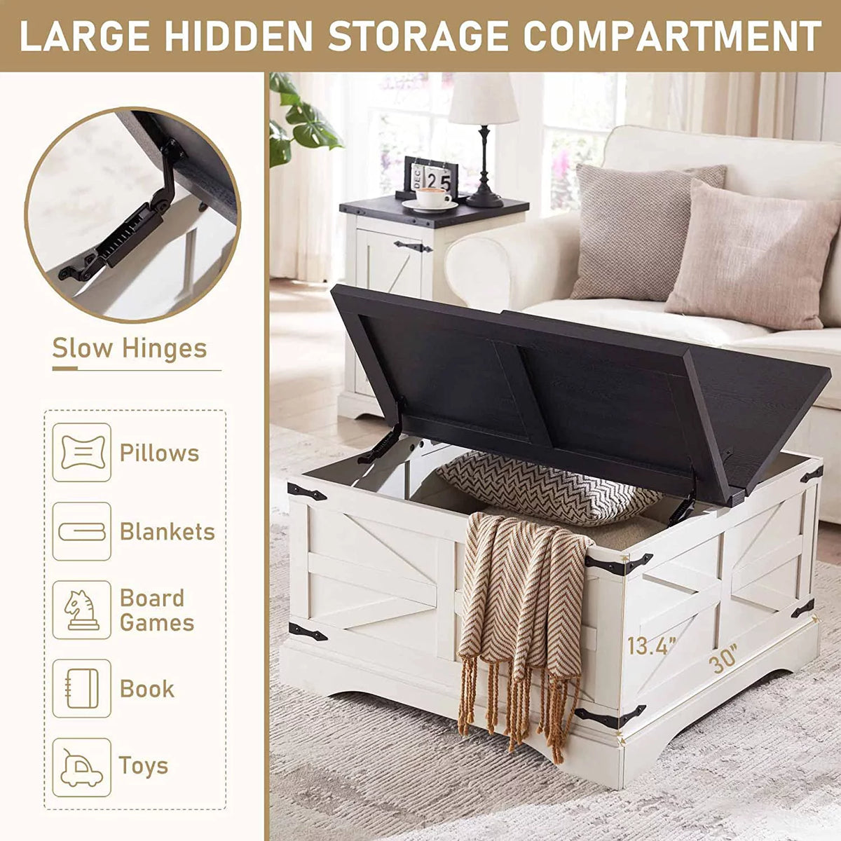 White Wood Lift-Top Coffee Table with Storage F995