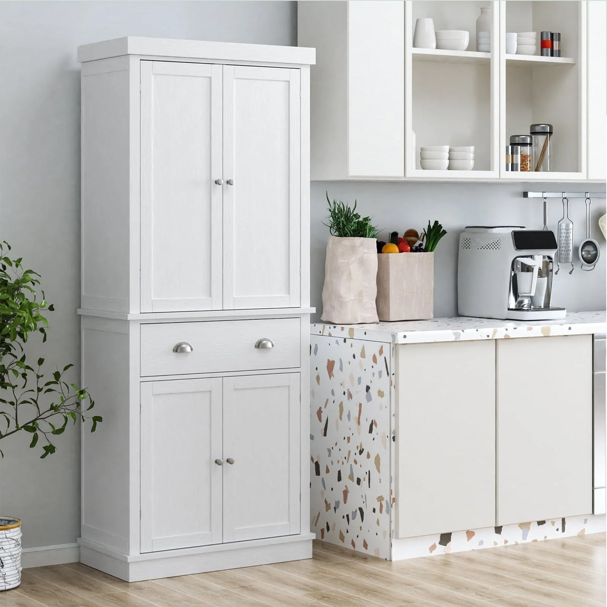 White 72.4'' Tall Wood Kitchen Pantry with 4 Doors K12790