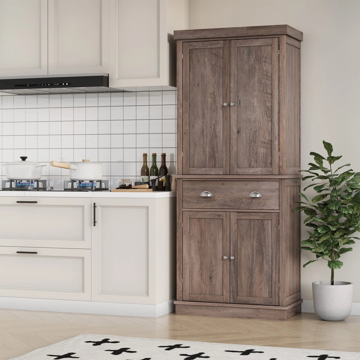 White 72.4'' Tall Wood Kitchen Pantry with 4 Doors K12790