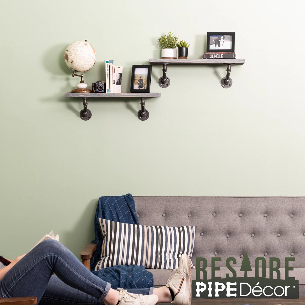 Grey Wood Wall Shelving with Steel Pipe Brackets V564103