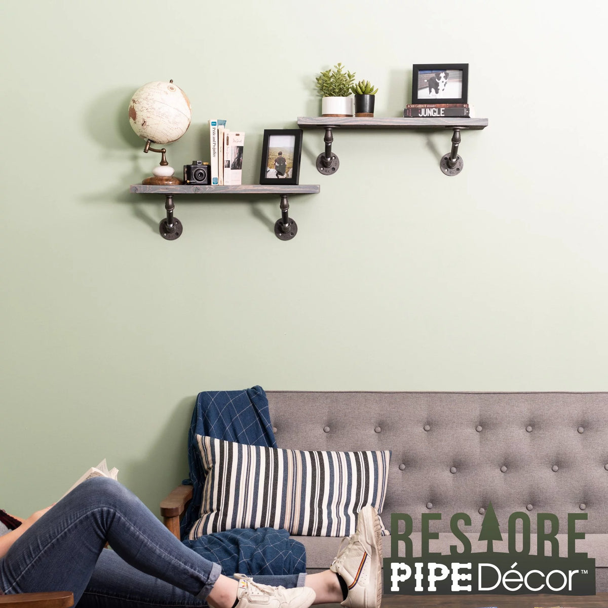 Grey Wood Wall Shelving with Steel Pipe Brackets V564103