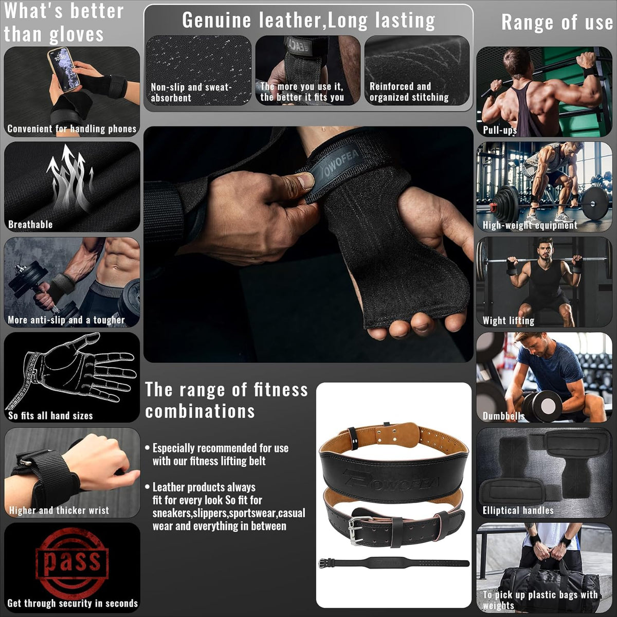 Durable Leather Weight Lifting Belt with Adjustable Buckle and Wrist Straps W52294