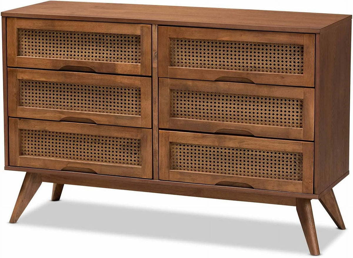 Walnut Brown Wood and Synthetic Rattan 6-Drawer Dresser V336