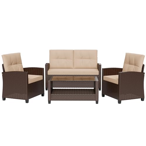 4 Piece Brown and Khaki Rattan Patio Furniture Set with Coffee Table D39734