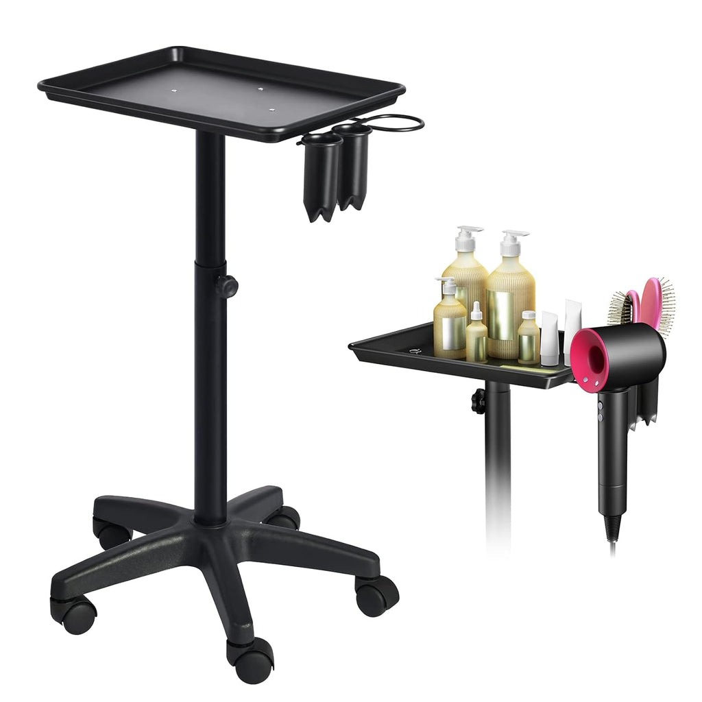 Rolling Salon Tray with 2 Cups and Metal Loop, Adjustable Height, Black A588