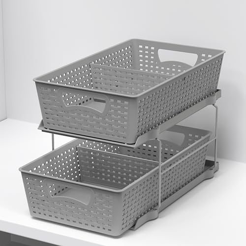 2 Tier Bathroom Organizer Tray Pull-Out Sliding Drawer Under-Sink Storage, Brown N347
