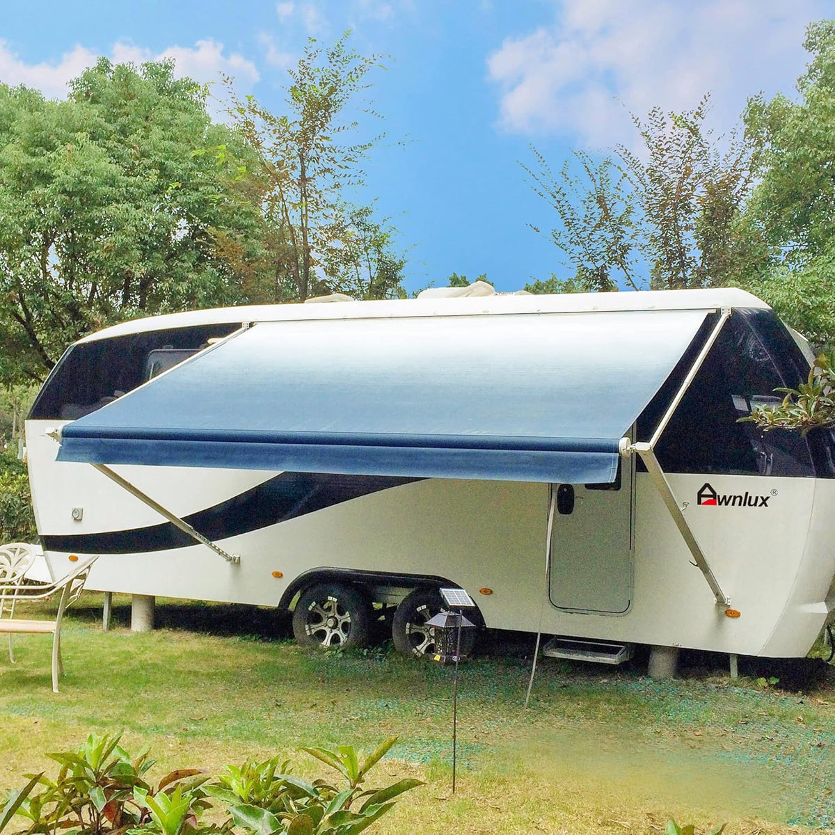White Manual Modular Retractable RV Awning Full Set Assemblies 15x8 Ft Ocean Blue H7096
