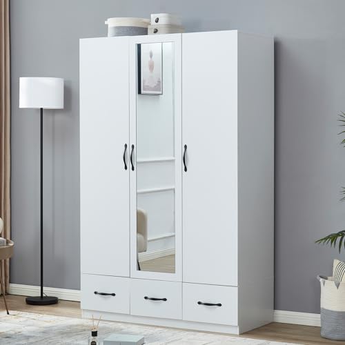 White 3-Door Wood Armoire Wardrobe with 3 Drawers T73464