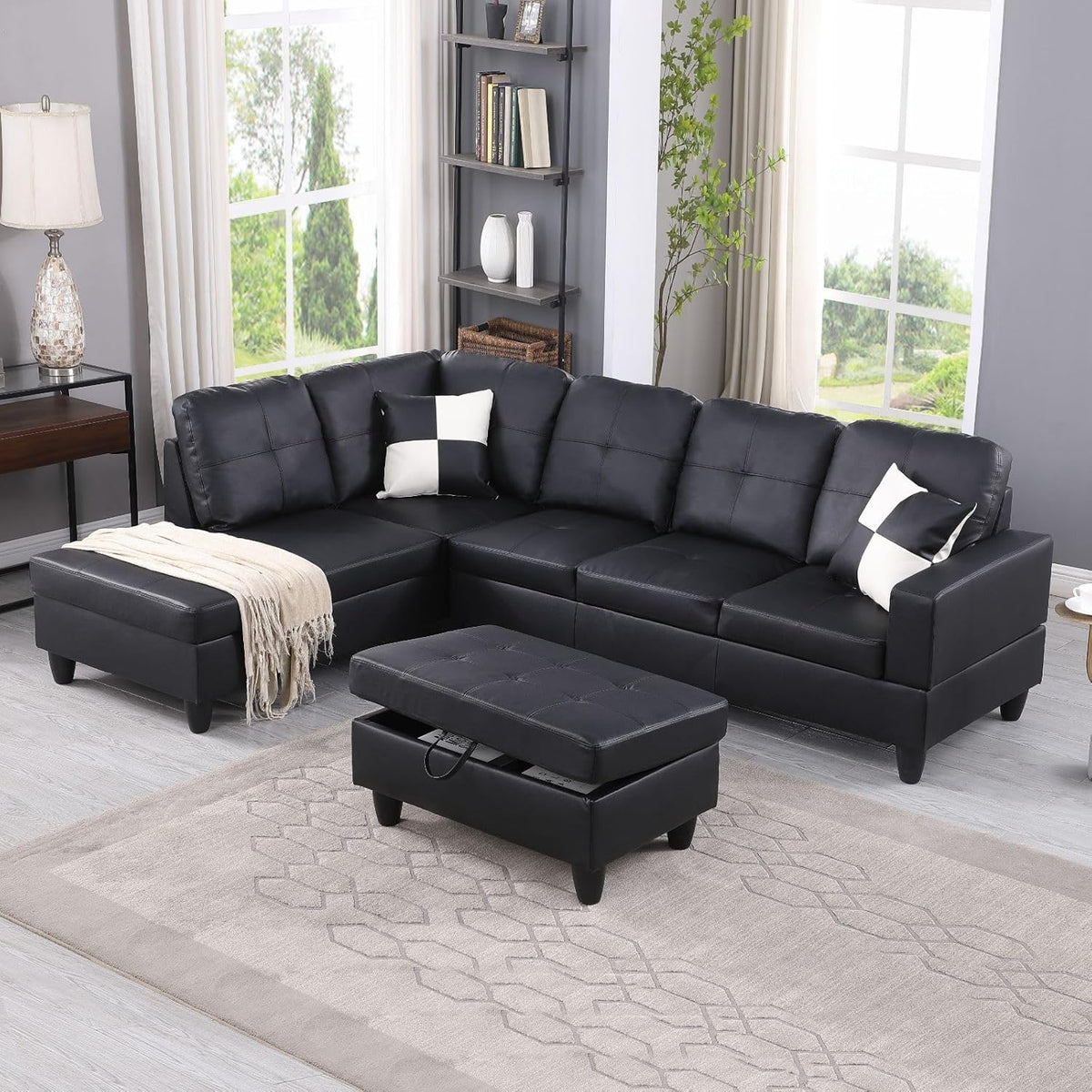 Black Faux Leather 3 Piece L Shape Sectional Sofa Set with Storage Ottoman F696
