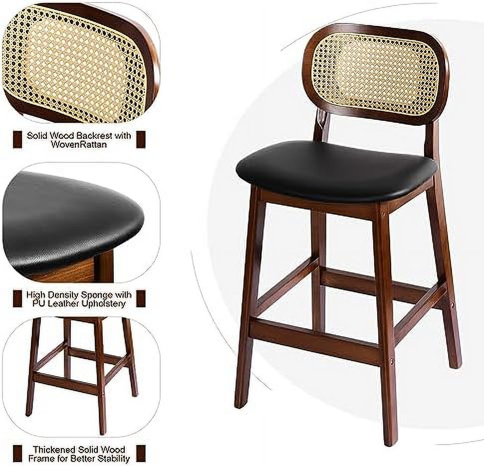 Black Leather Rattan Barstools Set of 2 with Wood Frame J19235