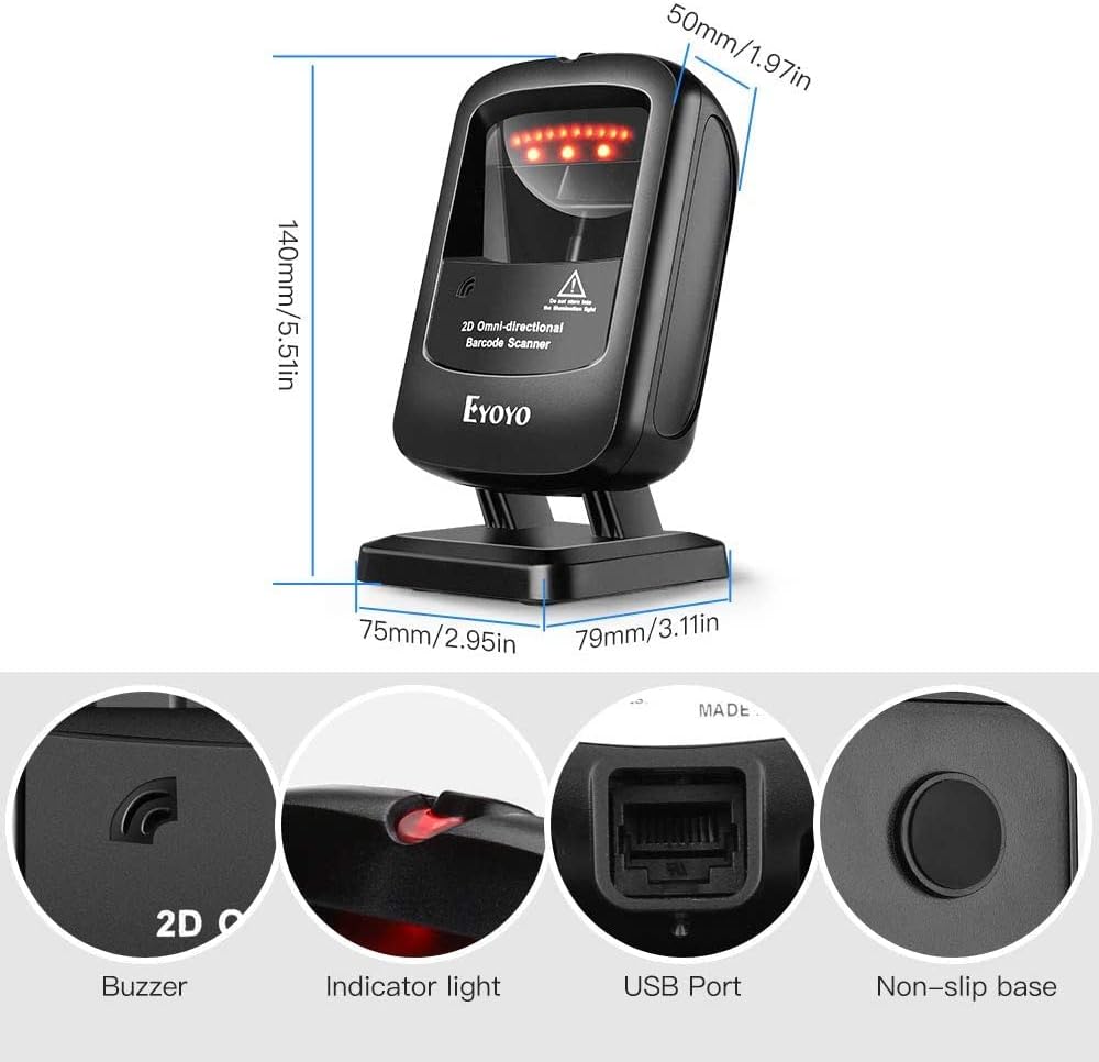 2D Desktop Barcode Scanner, Omnidirectional Hands-Free USB Wired Barcode Reader, Pack of 2 J5405