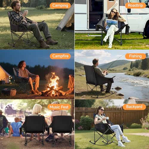 Oversized Padded Folding Rocking Camping Chair with Cup Holder and Carry Bag, Gray U692797