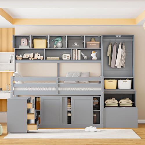 Gray Full Size Wood Loft Bed with Desk and Storage E71282